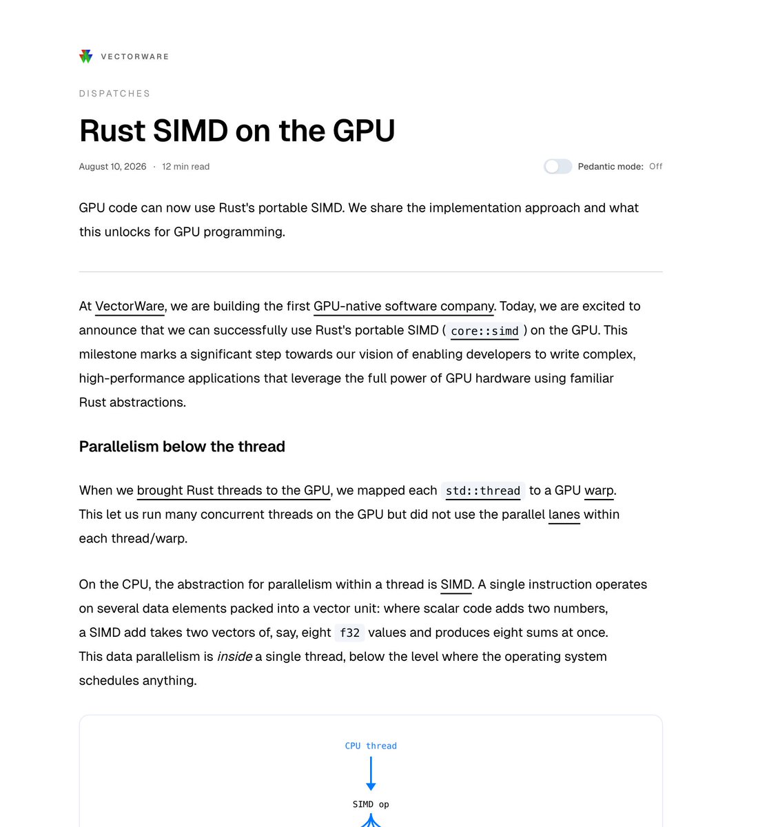 rustaceans_rs's tweet photo. Rust SIMD on the GPU 

> VectorWare brings Rust portable SIMD to the GPU mapping Simd vectors directly onto warp lanes for unified CPU GPU code. https://t.co/om98v7N5PP