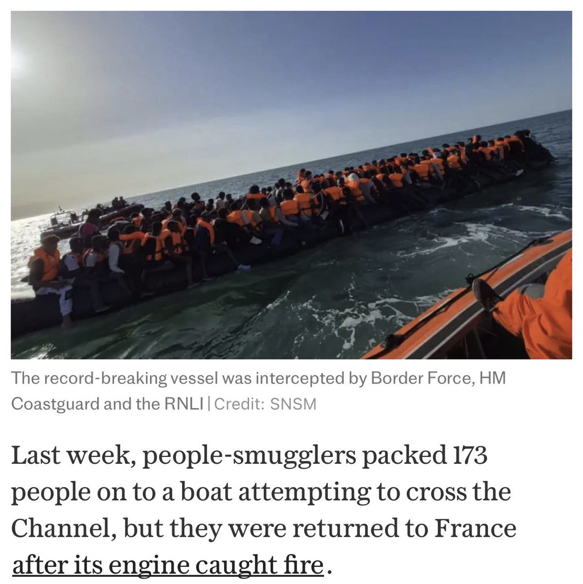 JeanHatchet's tweet photo. Zoom in. 

The “mega dinghies” don’t have women visible in these pictures. Any women - if there are any - are in the bottom of the boat and dreadful things have happened to them including being soaked in fuel and/or raped. 

230 men in the latest one. What kind of men? Who knows? What risk to women here? Who knows?

What shall we do about it? Turn them around as soon as they land or before. If they land deport them. Fight the French about this. Fight the whole of Europe if necessary. 

They’d fight us if the flow was the other way. The fact that we are the end destination makes the other nations smug and complacent. They don’t need to account to their voters if they move the problem here. 

Women do not and cannot tolerate more unpredictable men who are a threat to our safety - we already have enough men who might rape us thanks.