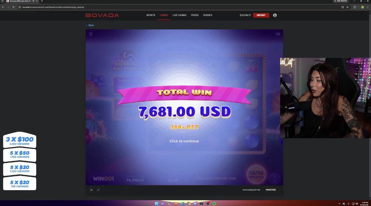 Bovada_Casino's tweet photo. $7,600+ ON JUST A $25 SPIN! 🤯 🤩

We’re live on X with @YourFavAllieCat until 7PM ET unlocking bonus giveaways! 😎 https://t.co/75LMMlUAJf