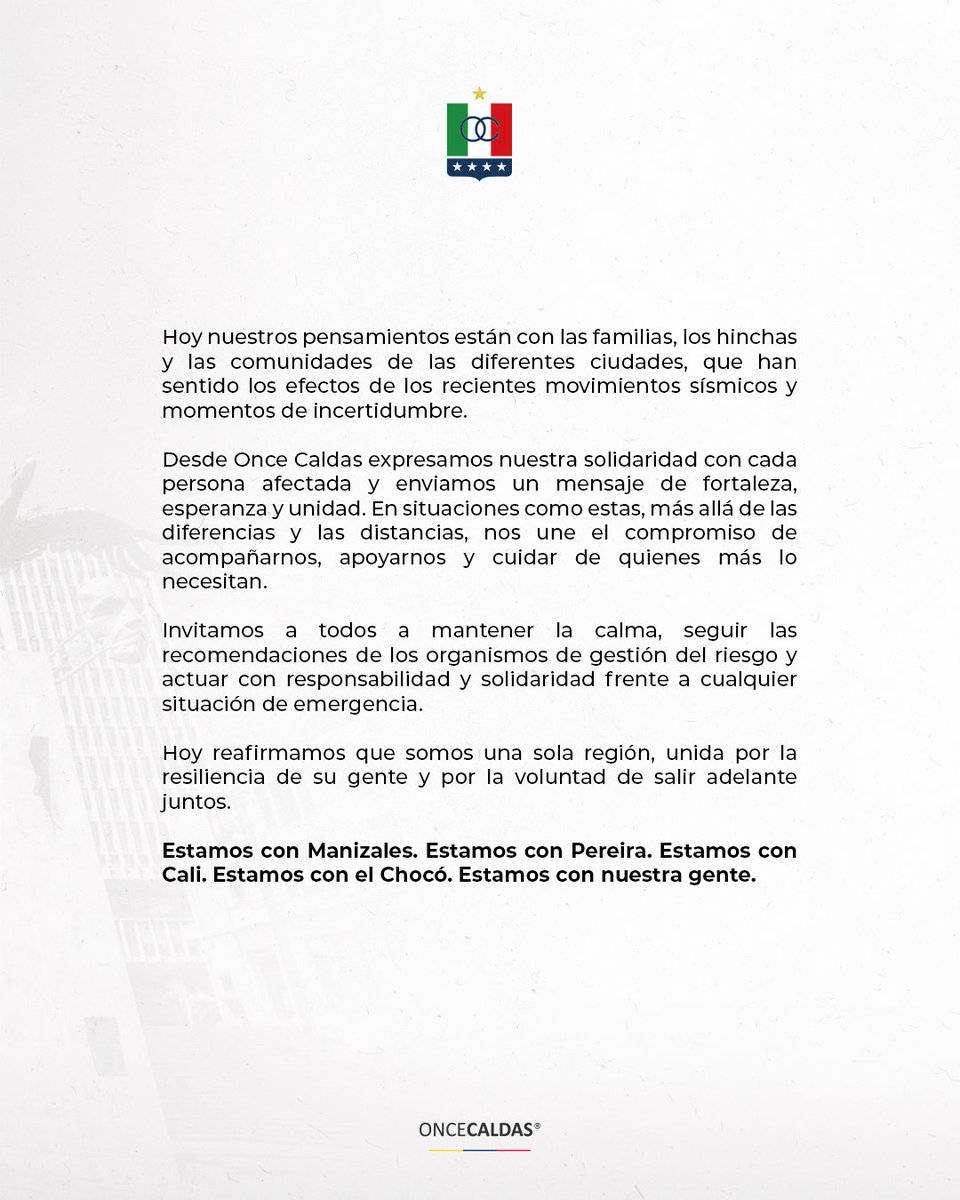 oncecaldas's tweet photo. Sabemos que han sido horas de incertidumbre, pero también confiamos en la fortaleza que caracteriza a nuestra gente.

Deseamos de corazón que tú y tu familia se encuentren bien y que, unidos, podamos salir adelante 🇨🇴 https://t.co/b6EeoF1NcU