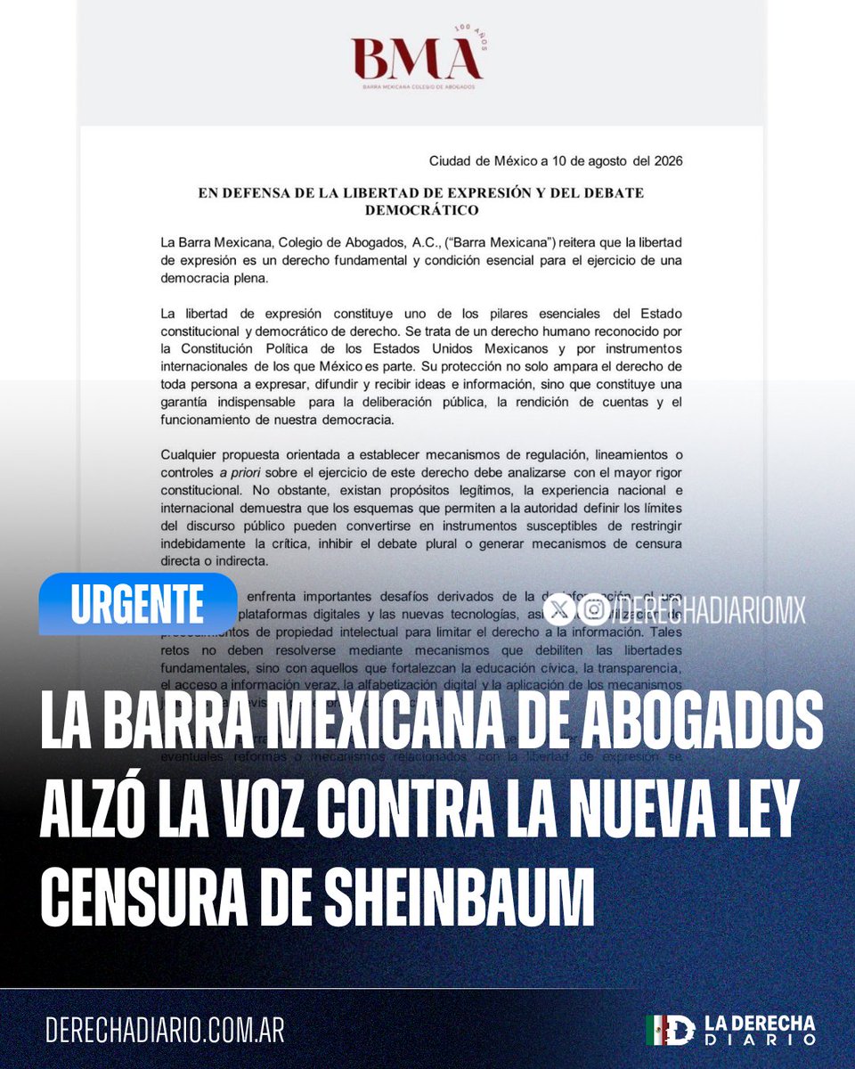 DerechaDiarioMX's tweet photo. 🚨🇲🇽 | #URGENTE MÁS ALZAN LA VOZ: La Barra Mexicana de Abogados alertó sobre la Ley de Audiencias de Sheinbaum, afirmando que los nuevos lineamientos presentados por el narcogobierno abrirán la puerta a la censura y a la selección de contenidos que critiquen al Estado. https://t.co/J8mE1szXHH