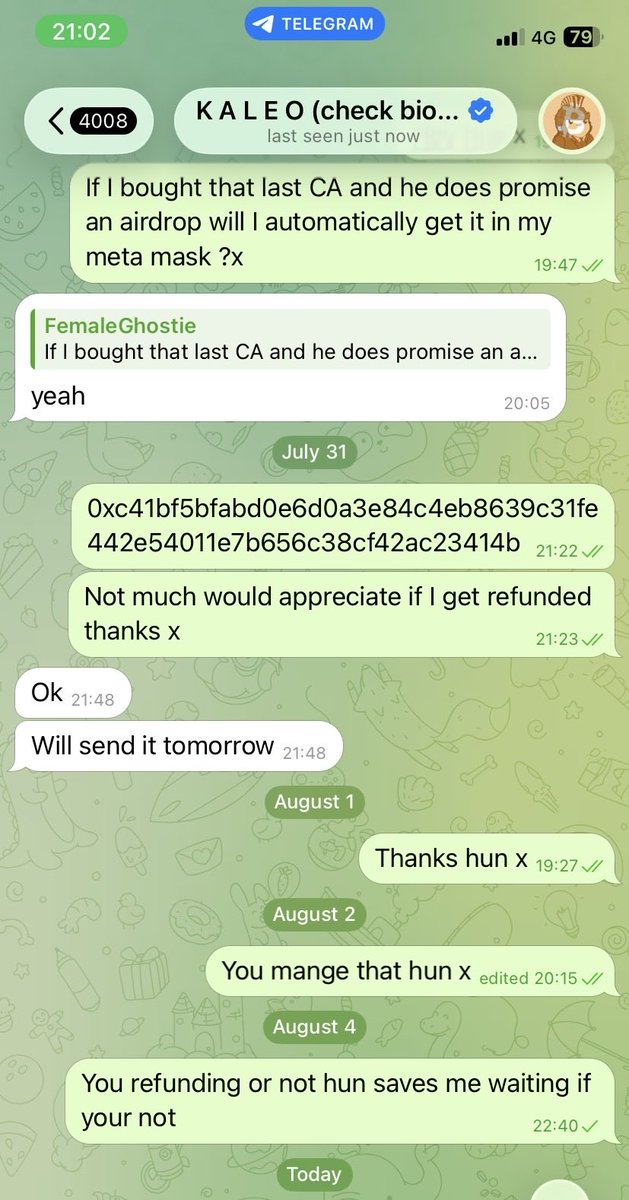 GoldGhostiee's tweet photo. @CryptoKaleo DIRTY SCAMMING B**CH 
PROMISED ME AIRDROP AFTER BEEN RUGGED THEN PROMISED TO REFUND ME AND TRYS TO DELETE ALL MESSAGES AND BLOCK ME AND DOES THE SAME FOR ANOTHER… DIRTY RAT https://t.co/QHrjbnbzSo