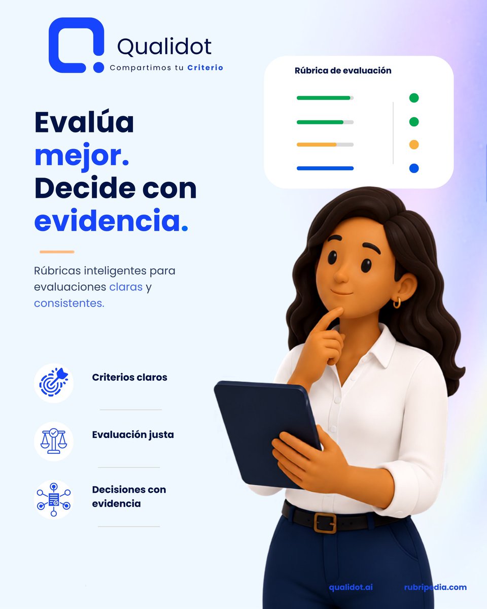 qualidot's tweet photo. Evalúa mejor y decide con evidencia. Qualidot utiliza rúbricas inteligentes para establecer criterios claros, evaluaciones justas y decisiones consistentes basadas en datos. 📊🤖
#Qualidot #IA #EvaluaciónInteligente #DecisionesBasadasEnDatos https://t.co/9HtsEfzgyp