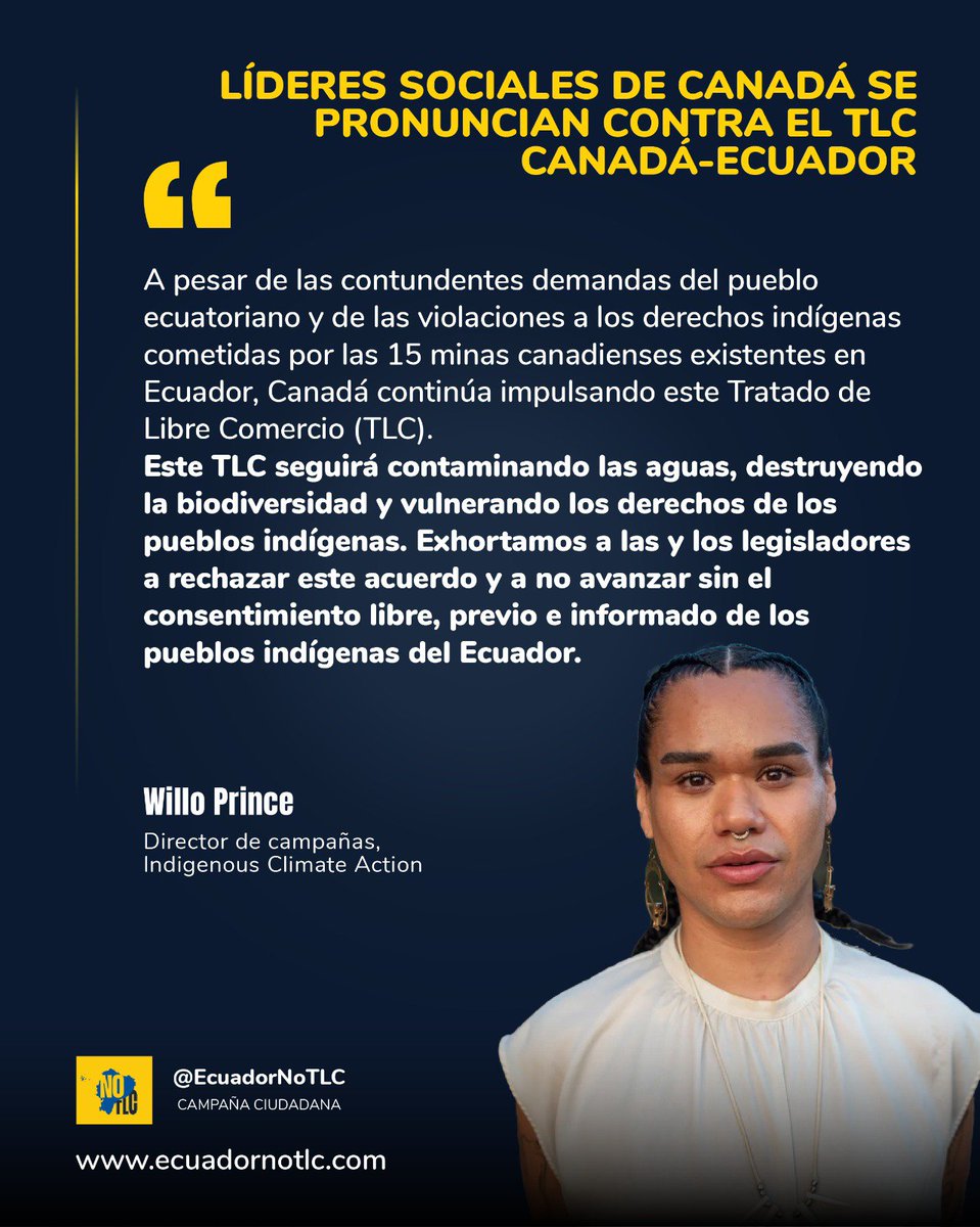 EcuadorNoTLC's tweet photo. ¡Líderes sociales canadienses rechazan el TLC con Ecuador!
Willo Prince, director de campañas de Indigenous Climate Action, advierte que no puede haber comercio justo cuando se sacrifican territorios, agua y derechos indígenas. https://t.co/APCmCeElKS
