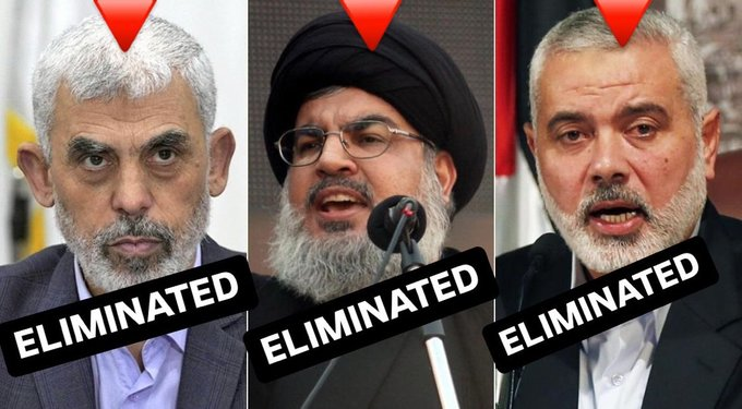 VividProwess's tweet photo. The leaders of Hamas and Hezbollah, who declared war on October 7th against Israel, were supposed to be the ones to destroy the Jewish state.

They were all eliminated by Israel.

Funny how things work. https://t.co/9uP1BrT1S3