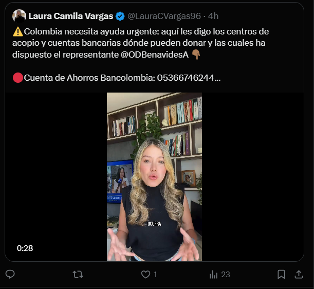 PilarEscobarBX's tweet photo. 🚨 OJO.
En medio de la tragedia ya aparecen personas pidiendo dinero y difundiendo cuentas bancarias, como en este caso @LauraCVargas96.

Para eso existen canales y mecanismos oficiales del Gobierno. La solidaridad sí, pero con transparencia, control y sin aprovecharse de una emergencia.
@defensoresco
