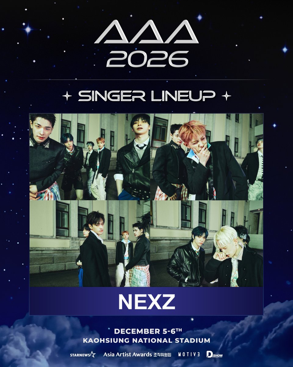 starnewskorea's tweet photo. #Lineup 
 
📢
AAA 2026 in Kaohsiung Line-up
 
💗 NEXZ

🏆2026 Asia Artist Awards in Kaohsiung
🎈2026.12.05 (SAT) - 06 (SUN)
🎈Kaohsiung National Stadium

출연진별 출연 일자는 추후 공지됩니다.
各藝人的演出日期將另行公告。
Performance dates for each artist will be announced later. 
出演者ごとの出演日程は、後日お知らせいたします。

#NEXZ
#AAA2026