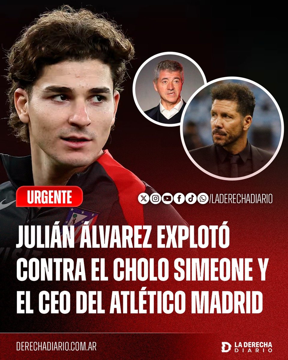 laderechadiario's tweet photo. 🚨🇦🇷🇪🇸 | SE PUDRIÓ TODO: Según múltiples medios deportivos, Julián Álvarez explotó este lunes en el entrenamiento del Atlético de Madrid después de no poder hablar ni con "El Cholo" Simeone ni con Miguel Ángel Gil Marín, CEO del club, ya que ninguno de los dos se encontraba presente.

El delantero argentino habría avisado que se va a plantar y que no cuenten con él, molesto porque considera que los dirigentes no tienen la valentía de hablarle cara a cara. Su objetivo sería forzar su salida del Atlético para intentar concretar un pase al Barcelona.