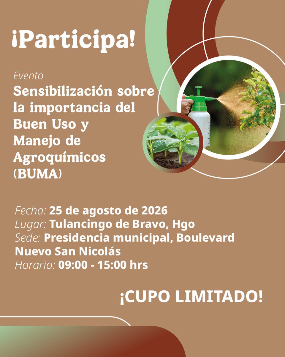 SENASICA's tweet photo. ¿Vives en Tulancingo de Bravo, Hidalgo? ¡Esta jornada de capacitación es para ti! 🌾👨🌾
Sensibilización sobre la importancia del Buen Uso y Manejo de Agroquímicos (BUMA)
Asiste y capacítate
#BUMA #InocuidadAgroalimentaria #Senasica #BuenasPracticas https://t.co/wtjFXm0GkI