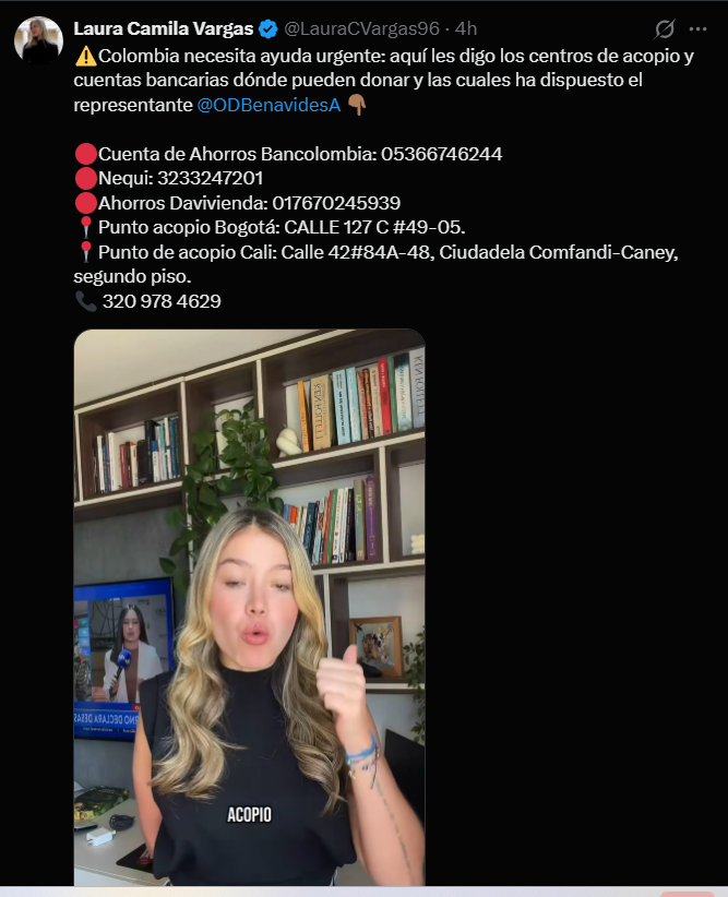 PilarEscobarBX's tweet photo. 🚨 OJO.
En medio de la tragedia ya aparecen personas pidiendo dinero y difundiendo cuentas bancarias, como en este caso @LauraCVargas96.

Para eso existen canales y mecanismos oficiales del Gobierno. La solidaridad sí, pero con transparencia, control y sin aprovecharse de una emergencia.
@defensoresco