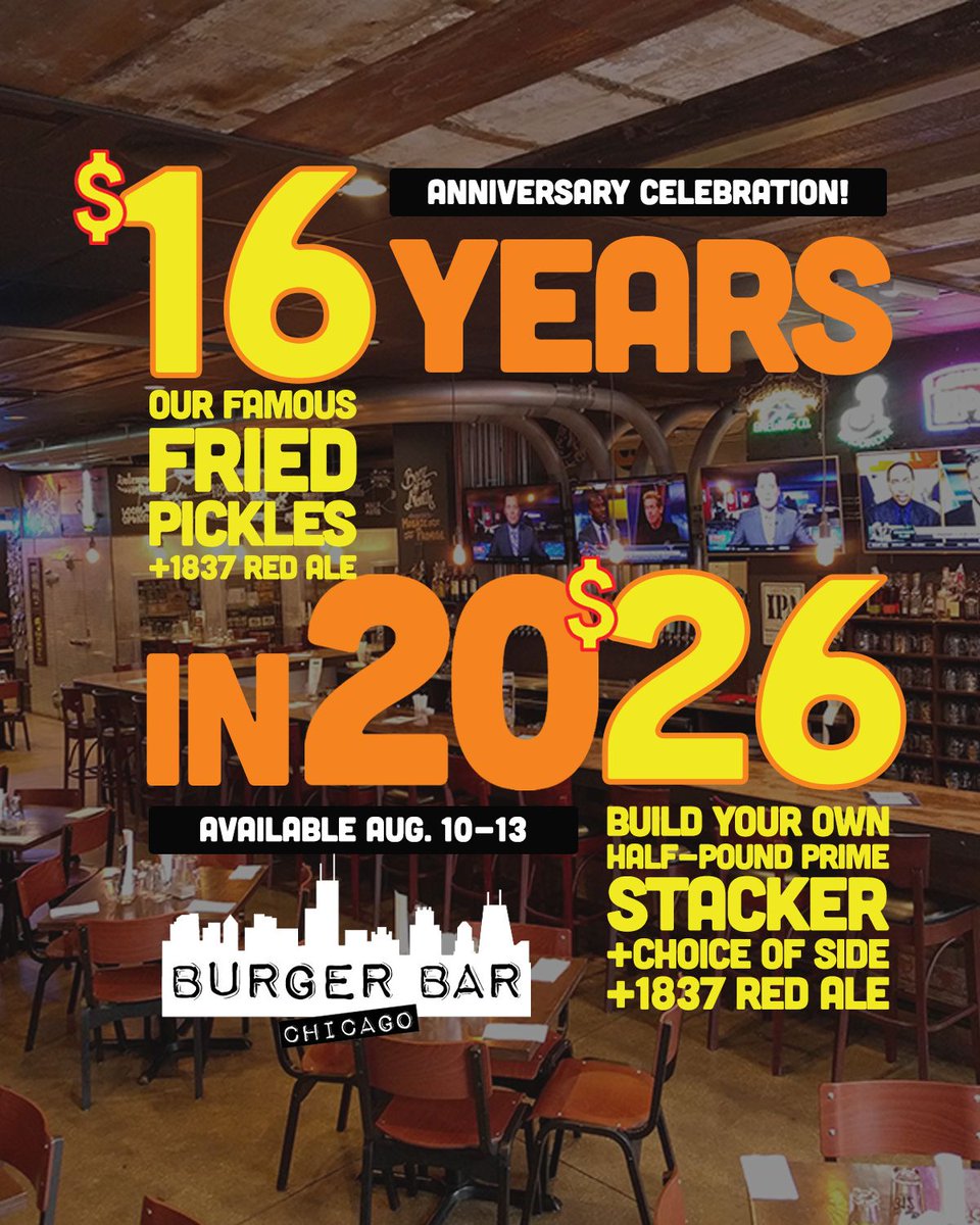 BurgerBarChi's tweet photo. TIME TO #CELEBRATE!!! Stop in to celebrate our 16th year of proud service in Chicago. $16: Our Famous Fried Pickles + our very own 1837 Red Ale  $26: Build Your Own Prime Beef Cheeseburger + your choice of side AND a pint of our very own 1837 Red Ale

#ThankYouChicago #Sweet16 https://t.co/A6WWvwmIkG