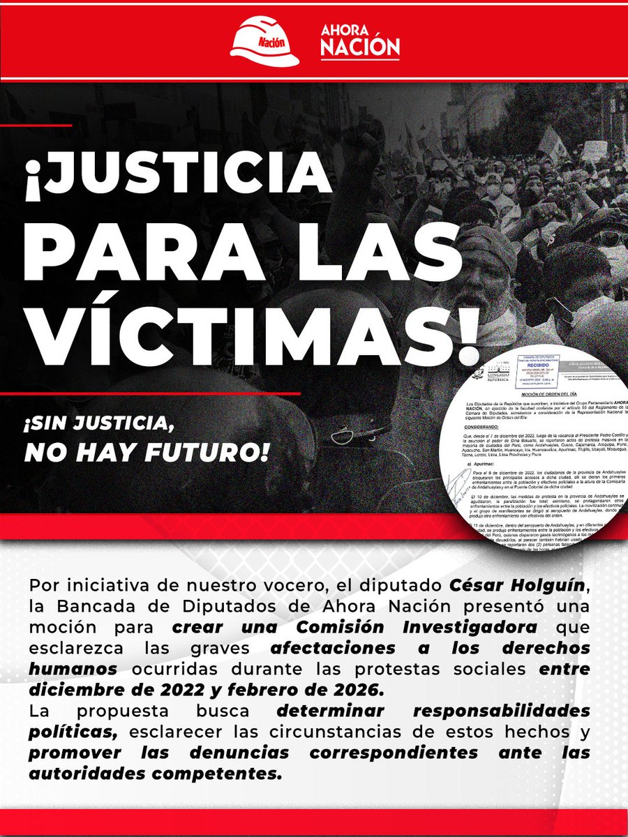 BancadaAN's tweet photo. ¡JUSTICIA PARA LAS VÍCTIMAS! ✊🇵🇪
Por iniciativa de nuestro vocero,  @cesarholguinl , presentamos una moción para crear una Comisión Investigadora que esclarezca las graves vulneraciones a los derechos humanos ocurridas durante las protestas sociales. https://t.co/FLJfTR2l0m