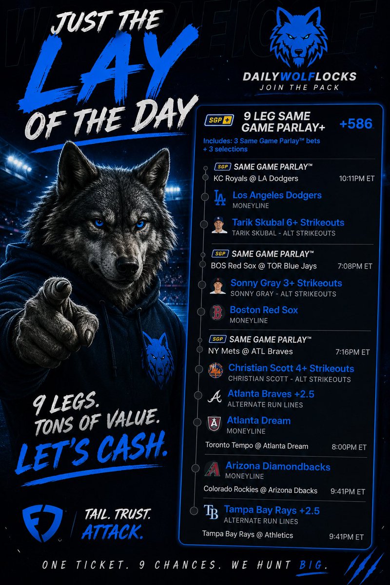 DailyWolfLocks's tweet photo. ๐บ JUST THE LAY OF THE DAY. ๐ฅ
The Wolf is hunting BIG today. ๐ฏ
9 legs. +586. No fear, no hesitation โ just trust the picks and let it ride. ๐ฐ
Weโre coming for the cash. ๐บ๐
TAIL IT. TRUST IT. ATTACK IT.
#DailyWolfLocks #LayOfTheDay #MLB #SportsBets #SportsBetting #MLBBets #BaseballBets #BettingPicks #Parlay #ParlayPicks #SameGameParlay #Sportsbook #BettingCommunity #LetsCash #JoinThePack