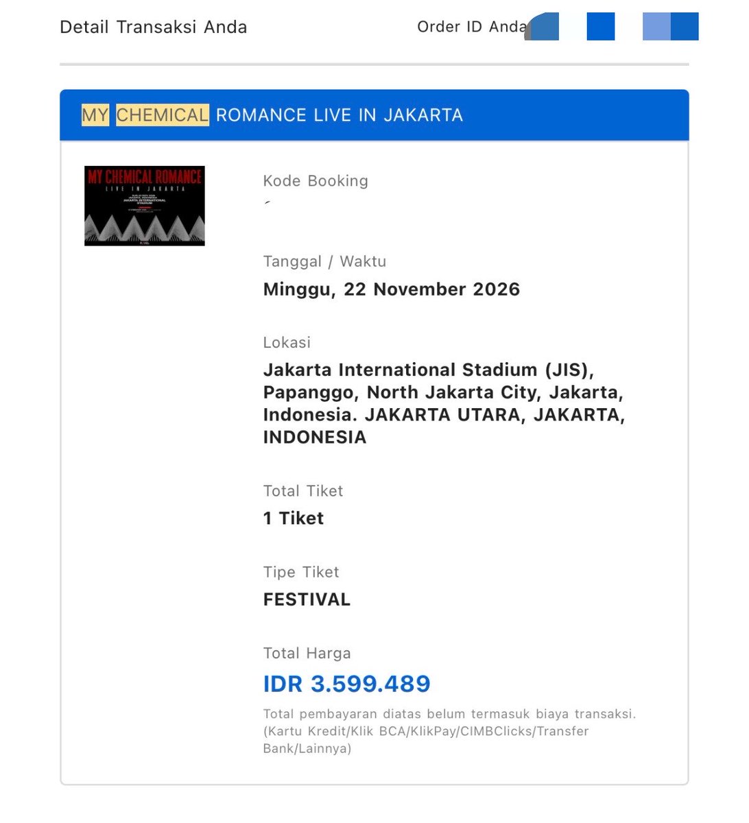 ssylaayya's tweet photo. WTS My Chemichal Romance Jakarta JIS. 1 Tiket kategori Festival. 3 Juta aja! #wts #wtb #mcr mcr jkt https://t.co/8JeQ88kWeq