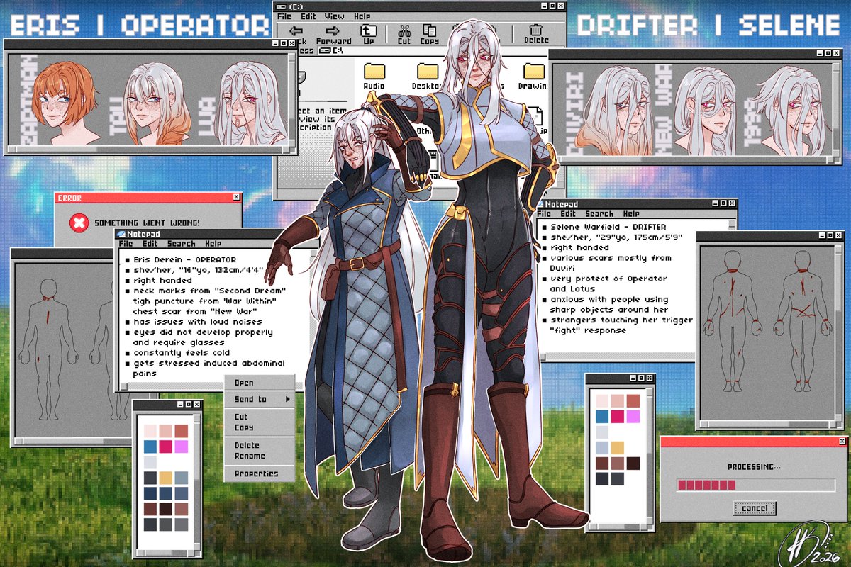 Hikarikashay's tweet photo. i finally forced myself through this, it took a while 🥲
but i love them so much my god
poor kids gone gray early

#warframefanart #tennocreate #warframeoperator #warframedrifter #warframe #digitalart #charactersheet https://t.co/b1v6rM7iOJ