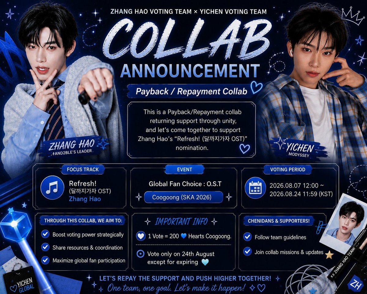 Yichenation's tweet photo. We’re excited to announce a collaboration with @ZHANGHAOVOTE for the Global Fan Choice: O.S.T on Coogoong (SKA 2026) 💙

This is a Payback/Repayment collab returning support through unity, and let's come together to support Zhang Hao’s “Refresh! (달까지가자 OST)” nomination 🔥 https://t.co/qNbqbzFBK4