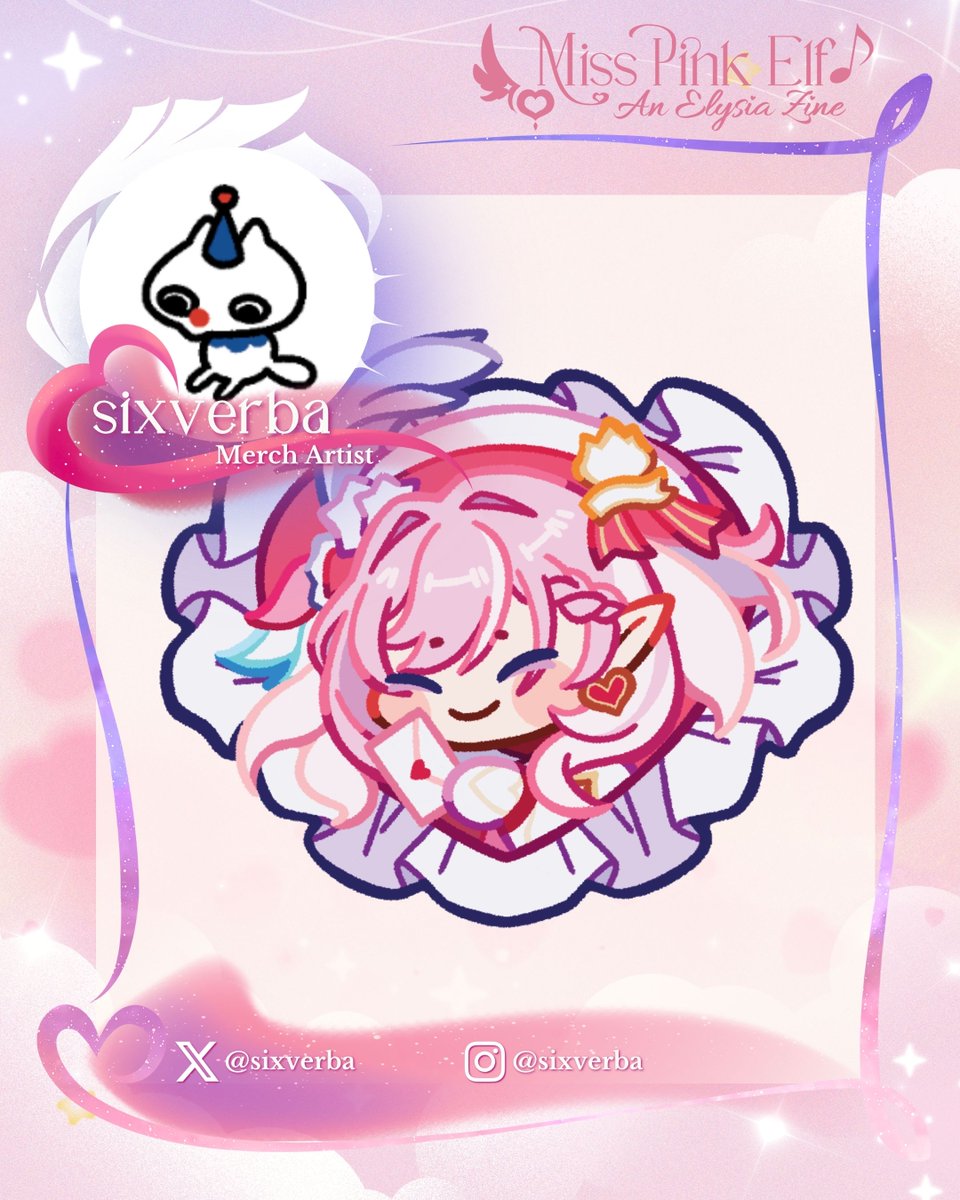 elysiazine's tweet photo. 🩷CONTRIBUTOR SPOTLIGHT🩷

Welcome @sixverba , our merch artist! 

They will create adorable merch designs of Elysia~

"resisted elysia's charm in 5.1, then completely fell head over heels for her in the following patches ♪" https://t.co/NXwnSbjR22