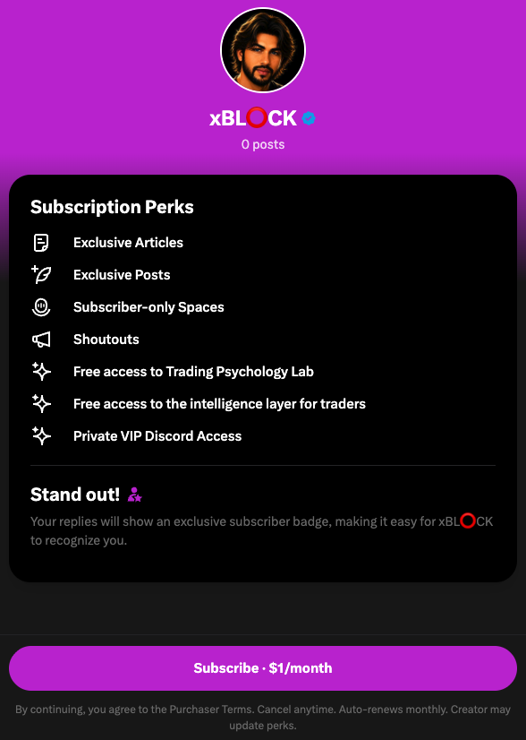 xBlockFi's tweet photo. My 𝕏 Subscription is officially LIVE. ⚡

For just $1/month, you get access to our growing private ecosystem and powerful tools designed to help traders and Web3 users gain a real edge.

Your subscription includes:

🧠 Trading Psychology Lab
Understand your trading behavior, identify psychological weaknesses, strengthen discipline, and build the mindset needed for long-term consistency.

🎯 Liquidity Hunter
Track key liquidity zones, prepare for major macro events, understand high-impact market conditions, and stay ahead of volatility.

🔒 Private VIP Discord Access
Get exclusive insights, powerful tools, alpha, opportunities, and direct access to our growing private community.

And here’s the best part.

VIP access to this ecosystem would normally cost $15/month.

But through my 𝕏 Subscription, you can get access for just $1/month. ⚡

$1 Subscription → Liquidity Hunter → Trading Psychology Lab → Private VIP Discord

This is more than just a subscription.

It’s your entry into an ecosystem built around better information, stronger psychology, smarter execution, and bigger opportunities.

⚠️ IMPORTANT: The $1/month price is available only for the first 500 founding subscribers.

Once the first 500 spots are filled, this introductory offer is gone.

Subscribe early. Secure your access. Grow with us. 🚀
