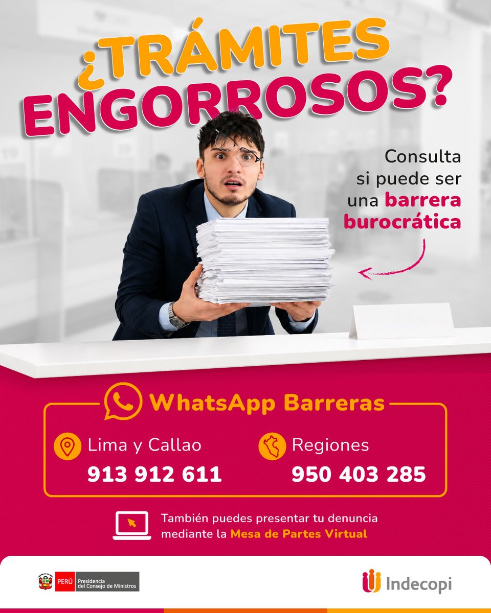 IndecopiOficial's tweet photo. ¿Una entidad pública te exige trámites, requisitos o condiciones que son excesivos o injustificados?
Ponemos a tu disposición los canales de orientación para ayudarte a identificar si podrías estar frente a una barrera burocrática ilegal o irracional. ➡️ 
https://t.co/Y8LqwHv1lF https://t.co/kLMXIt0mA3