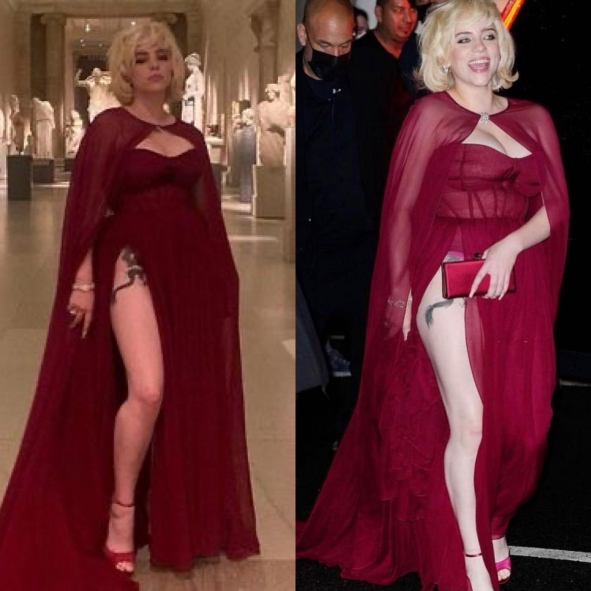 Drjnr12's tweet photo. Billie Eilish’s second look at the 2021 Met Gala (Oscar de la Renta). The left side is her in the deep burgundy sheer-cape gown with high slit (inside the museum), and the right is the same dress outdoors, smiling and holding a red clutch. https://t.co/2oIr6RXBfM