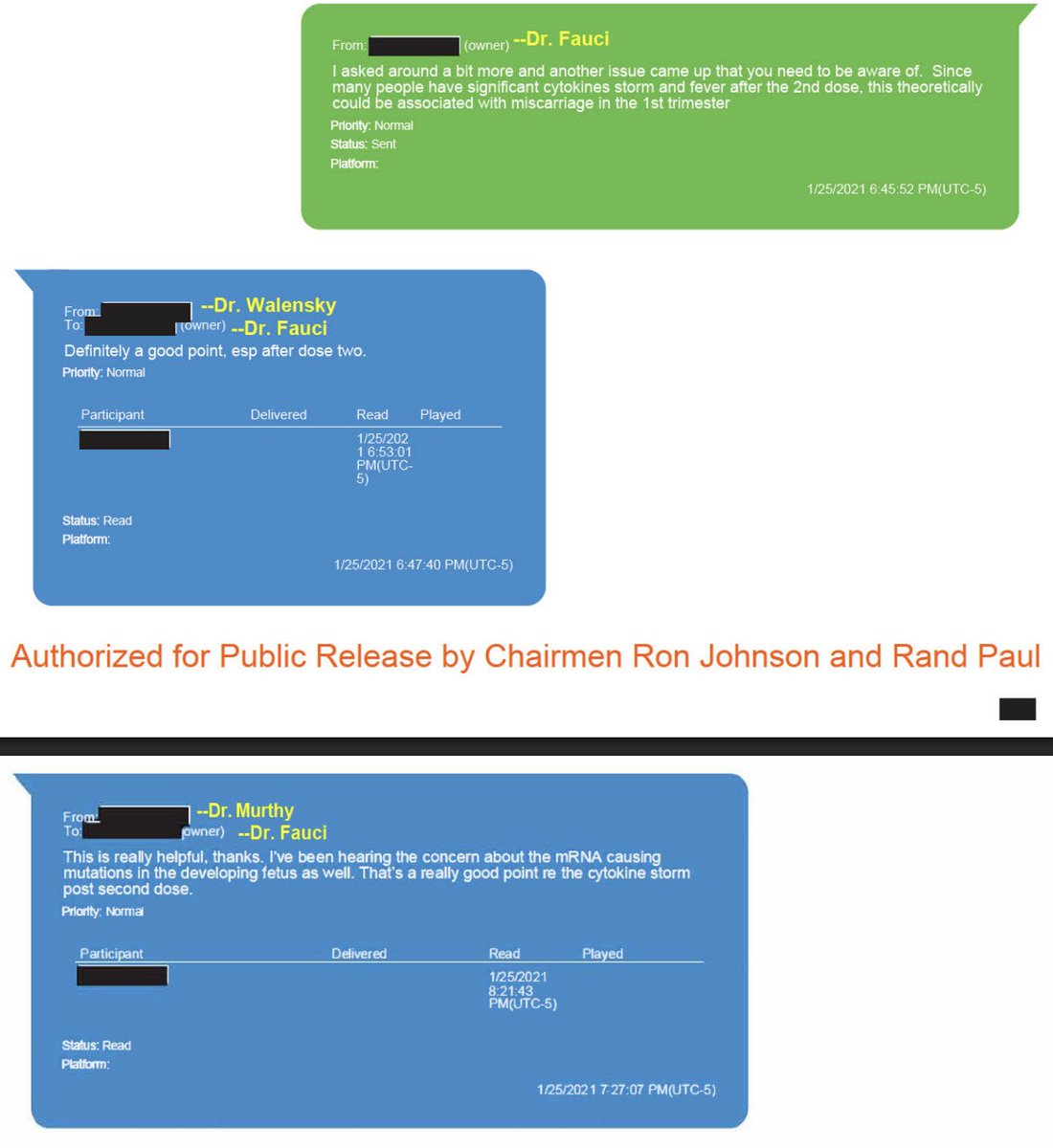emilyakopp's tweet photo. The first of Fauci's texts were just released. The shocking timeline on the Biden admin's recklessness on the COVID vaccine and the unknown risk of miscarriages and birth defects:

January 2021: Fauci and Walensky privately recognize  that the side effects many people experience after dose 2 could be associated with miscarriage in the 1st trimester. Pregnant women weren't studied in the drug company's tests.

April 2021: Just three months later, the Biden admin urged pregnant women receive the shot in a White House press conference.

June 2021: A CDC study in NEJM said the vaccine is safe for pregnant women to take, but noted the study arms were not directly comparable and more study was needed. Medical associations and the Biden admin charged ahead.

January 2022: An OB/GYN criticizes the NEJM study, saying that excluding women in the third trimester would result in a much higher miscarriage rate.

2023: Tracy Beth Høeg, writing before joining the FDA, notes that Pfizer stopped a study into the matter after enrolling a fraction of the pregnant women it said it would. Even still, Pfizer reported 5.1% of infants of vaccinated moms had adverse events of special interest (AESI) while only 1.3% of infants in the control arm did.