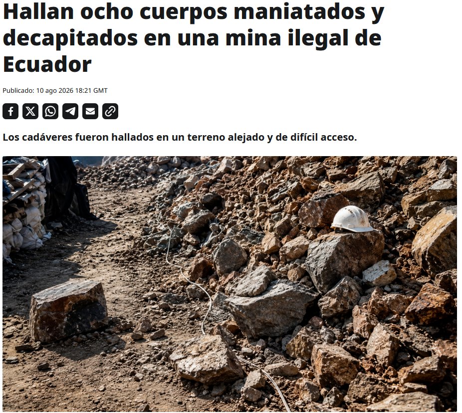 ActualidadRT's tweet photo. 🇪🇨 Ocho cuerpos fueron hallados desmembrados y decapitados en fosas comunes  hechas en un terreno donde se practicaba la minería ilegal en el sector  de Huasipamba, ubicado en la provincia de Azuay, en el centro-sur de  Ecuador. https://t.co/YNlSPT9Xok