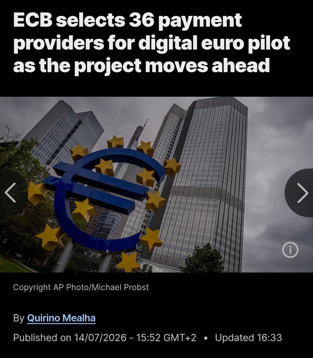 LFJIreland's tweet photo. The “mandatory acceptance of the digital euro” is “necessary”, said the Commissioner for the Economy, Valdis Dombrovskis, in response to a parliamentary question on the matter.

"European Commission’s proposal “grants the digital euro, as a new, digital form of the single currency, legal tender status,” in the same way as banknotes and coins, for which acceptance is mandatory. The Commissioner for Economic Affairs insists that the latter is “necessary to ensure the effective use of the euro as the EU’s single currency, which is the very objective of Article 133 of the TFEU. The mandatory acceptance will allow the digital euro to enjoy a sufficiently uniform level of acceptance throughout the euro area. In the absence of this acceptance requirement, there would be a risk that the digital euro is accepted only selectively, leading to a fragmented usability of the digital euro, which stands in contrast to the aim of Article 133 of the TFEU,” Dombrovskis said.

What he fails to mention is that mandatory acceptance means forcing businesses to accept a new government-backed digital currency that interferes with their right to contract and trade freely. It goes without saying that this imposes mandatory digital currency trading on all businesses, and this is unlawful and unacceptable.

The European Central Bank has selected 36 payment providers which include traditional banks, digital banks and payment companies, with several of Europe's largest financial institutions among those taking part, including Deutsche Bank, UniCredit, Revolut, Adyen and Stripe. ECB Executive Board member Piero Cipollone said the level of interest demonstrated that the payments industry was ready to help to "shape the project's next phase" 

Of course they are.. 

RESIST Digital ID and Digital Currency with all your might. SAY NO! Push back NOW like your life depends on it because it does.
#RESISTCBDC #RESISTECBDC #SAYNO