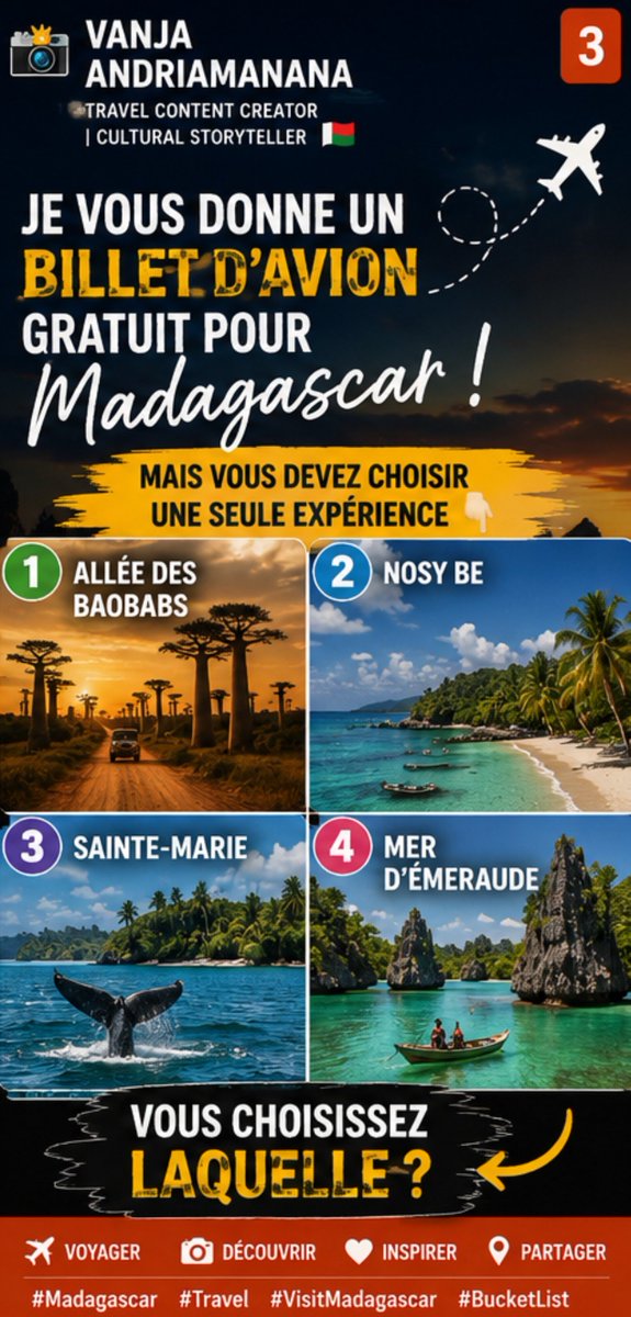 VaAndriamanana's tweet photo. Je vous donne un billet d’avion gratuit pour Madagascar. 🇲🇬✈️
Mais vous devez choisir UNE SEULE expérience :
🌳 Allée des Baobabs
🏝️ Nosy Be
🐋 Sainte-Marie
🌊 Mer d’Émeraude
Vous choisissez laquelle ? 👇🔥
#Madagascar #Travel #VisitMadagascar #BucketList https://t.co/sj62UI113N