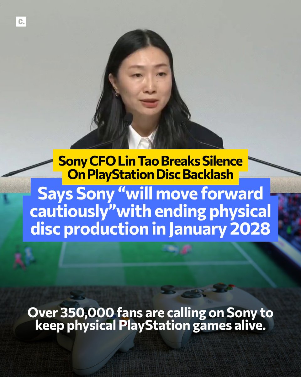 CdnChange's tweet photo. Sony's CFO addressed the PlayStation disc backlash for the first time on a July 31 investor call, confirming physical disc production ends in Jan 2028. The petition to keep physical discs has passed 350,000 signatures.

#PlayStation #Sony #KeepTheDisc https://t.co/yAM8SJBtSp