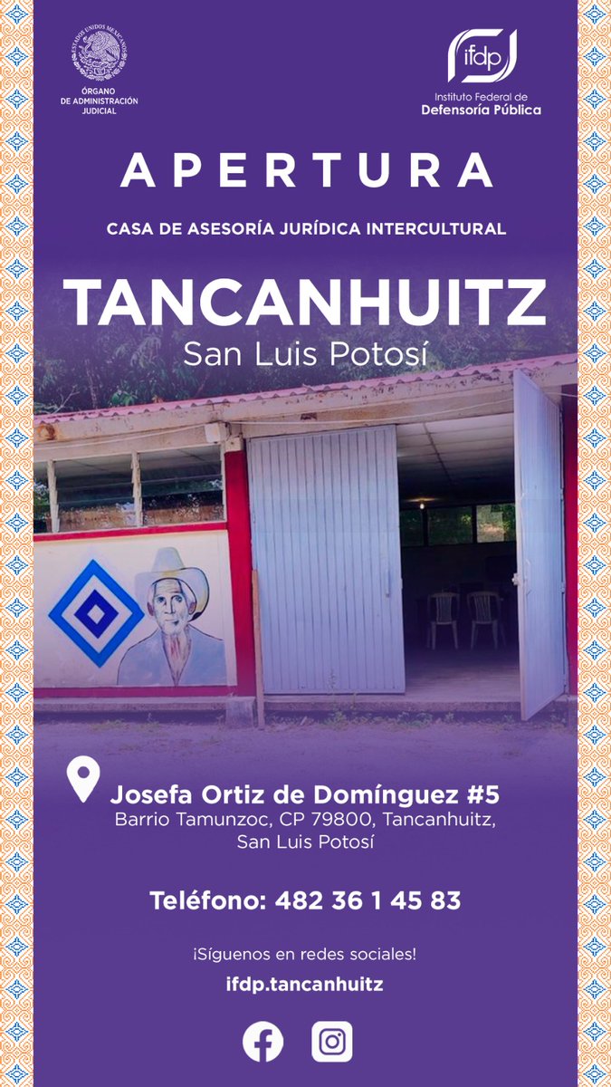 IfdpHidalgo's tweet photo. Con mucha alegría les compartimos que la Casa de Asesoría Jurídica Intercultural del IFDP en Tancanhuitz, S.L.P. ya es una realidad, una casa cultural hermana de nuestra  Casa de Asesoría Jurídica Intercultural Huejutla, 💜 Espacios creados para defender los derechos de las comunidades indígenas de la Huasteca , con atención totalmente gratuita y en lengua materna.

Si tienes dudas legales o necesitas apoyo jurídico, ¡no estás solo! Nuestro equipo está listo para escucharte y defenderte.

📍 Oficinas en Huejutla, Hidalgo
📞 789 896 0181

#ifdp  #lacasaquetedefiende  #DefensoríaPública  #accesoalajusticia  #Hidalgo  #justiciaparatodasytodos  #DerechosHumanos
