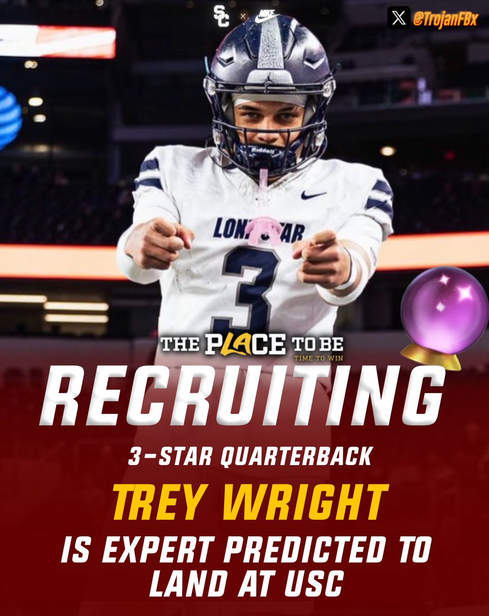 TrojanFBx's tweet photo. USC is expert predicted to land 3-star QB, Trey Wright, from Frisco, Texas 🔮✌️per @SWiltfong_ 

Riley sees Kyler Murray similarities in Wright.

He had a BIG season & threw for 4,042 yds & 38 TDs w/ only 7 ints, completing over 67% of his passes.

He was just as dangerous running the ball, rushed for 1,764 yds & 16 TDs while averaging more than 10 yds per carry.

Total: 5,806 yds and 54 TD’s in one season 🤯