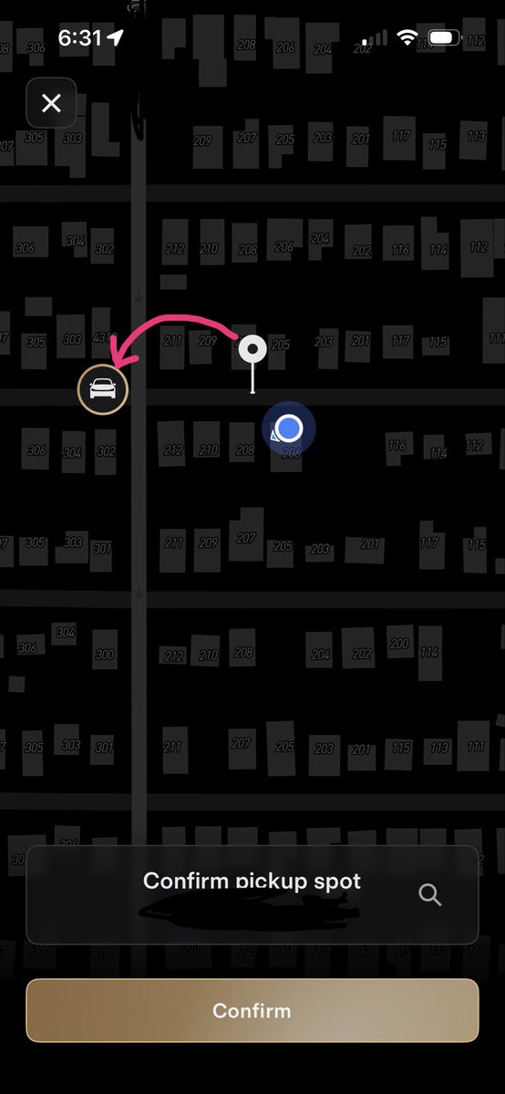 garehon's tweet photo. Suggestion: would be more intuitive for the user if the pin would snap to the Vehicle Pick-up icon: @robotaxi https://t.co/81UOKJf4Ur