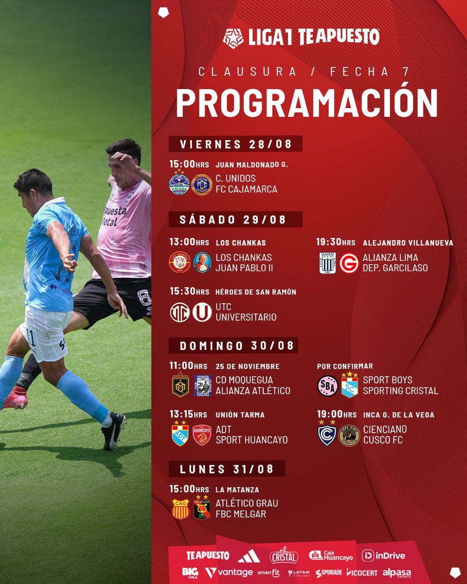 Liga1TeApuesto's tweet photo. ¡𝗖𝗼𝗻𝗼𝗰𝗲 𝗹𝗮 𝗮𝗴𝗲𝗻𝗱𝗮 𝗼𝗳𝗶𝗰𝗶𝗮𝗹 𝗱𝗲 𝗽𝗮𝗿𝘁𝗶𝗱𝗼𝘀 𝗽𝗮𝗿𝗮 𝗹𝗮 𝗙𝗲𝗰𝗵𝗮 𝟳 𝗱𝗲𝗹 𝗧𝗼𝗿𝗻𝗲𝗼 𝗖𝗹𝗮𝘂𝘀𝘂𝗿𝗮 𝗱𝗲 𝗹𝗮 #𝗟𝗶𝗴𝗮𝟭𝗧𝗲𝗔𝗽𝘂𝗲𝘀𝘁𝗼! 🔥⚽

#ElADNDelHincha https://t.co/CEQfygKGcG