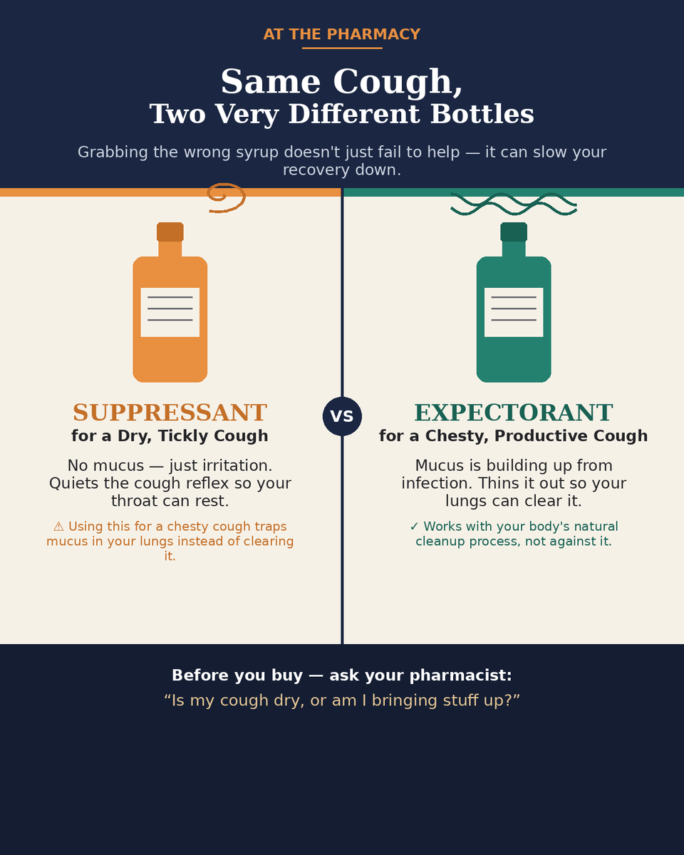 bage_maye's tweet photo. As a community pharmacist, I noticed something this week: out of every 10 patients I saw, 7 were coughing or dealing with catarrh.
And most of them were reaching for the wrong bottle. 🧵
Dry, tickly cough = no mucus, just irritation.
A suppressant calms the cough reflex. https://t.co/lulEDT2XN7