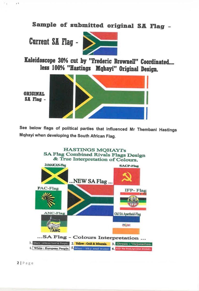 EugeneMt's tweet photo. Now you will appreciate why @EFFSouthAfrica call for Expropriation of land without compensation must equally speak to the creative and cultural sector as”Expropriation of Intellectual Property Rights without compensation.”

Returning back the rights to the rightful owners!

Here is an artists who was robbed his creative rights by a chairperson of the selection panel that was tasked to look at the designs of the SA Flag post 1994. 

His design was merely edited by cutting too much black and claimed as Brownwin’s thereafter. 🙆🏻‍♀️🙆🏻‍♀️🥲🥲🤷‍♀️@GaytonMcK @SportArtsCultur this can’t be right!

How can you be the chairperson of a selection team and end up selecting your design as the one that wins? Please make logic out of this!