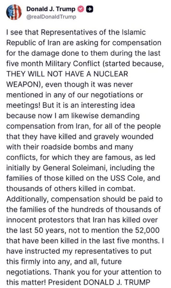 siibiilkoloft's tweet photo. Mr. President @POTUS 
The people of Iran are not seeking compensation for those killed; they want revenge, regime change, and ultimately the return of the Pahlavis to Iran. This is the only demand of all those killed, their families, and every single Iranian. https://t.co/n3o5TjEkFC