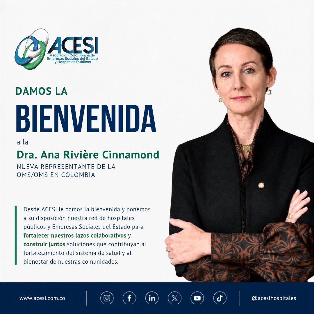 ACESIHOSPITALES's tweet photo. 💙 Desde ACESI damos la bienvenida a la Dra. Ana Rivière Cinnamond, nueva representante de la @OPSOMS_Col. Reiteramos nuestra disposición para fortalecer la cooperación con la red pública hospitalaria y contribuir al fortalecimiento del sistema de salud.
#ACESI #OPS #OMS https://t.co/QvozTwXLF9