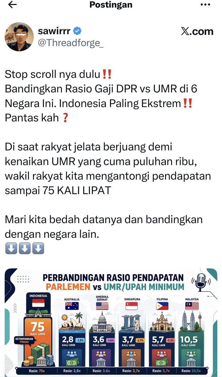 kangdede78's tweet photo. SERENTAK. TERORKESTRASI. POLANYA SANGAT JELAS.

Tetiba ratusan akun memposting cuplikan podcast seorang standup komedi dgn narasi membandingkan UMR vs gaji+tunjangan DPR, dilanjutkan bandingkan Gaji & Gedung DPR dgn parlemen luar negeri. Infografis rapi, angka digoreng sampai 70–75 kali lipat, disebar massal di waktu hampir bersamaan.

Persis pola pemicu demonstrasi Agustus 2025.

Ini bukan keresahan spontan. Ini sumbu yg sengaja dinyalakan.

Jangan bilang kebetulan. Terlalu rapi. Terlalu serentak.

Rakyat memang berhak marah. Tapi kalau kemarahan itu terus disetting, maka y terjadi bukan kesadaran, melainkan dimainkan.