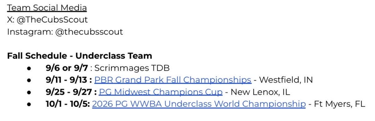 AydanMoore2028's tweet photo. I’m blessed to receive an offer to play on Cubs Scout Underclass team this fall. 
Here is the fall schedule, 
@huntley_bball @PG_Scouting @pbtscouting @WCHitDogRecruit @WindyCityHitDog @TheCubsScout @PrepBaseballIL https://t.co/St29zAOX44