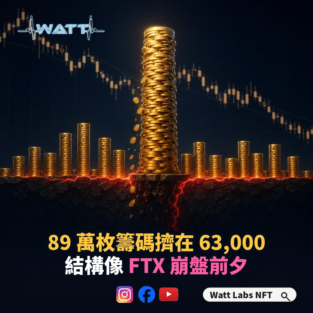 WATTLabsNFT's tweet photo. 🚨 比特幣「大的要來了」？89 萬枚籌碼擠在 63,000，結構像 FTX 崩盤前夕
橫盤久了，很多人以為是打底、是安全。但分析師 Murphy 的警告剛好相反：這種「看起來很穩」的密集橫盤，往往正是暴力行情的溫床。 https://t.co/Cc5YSxsC6w
