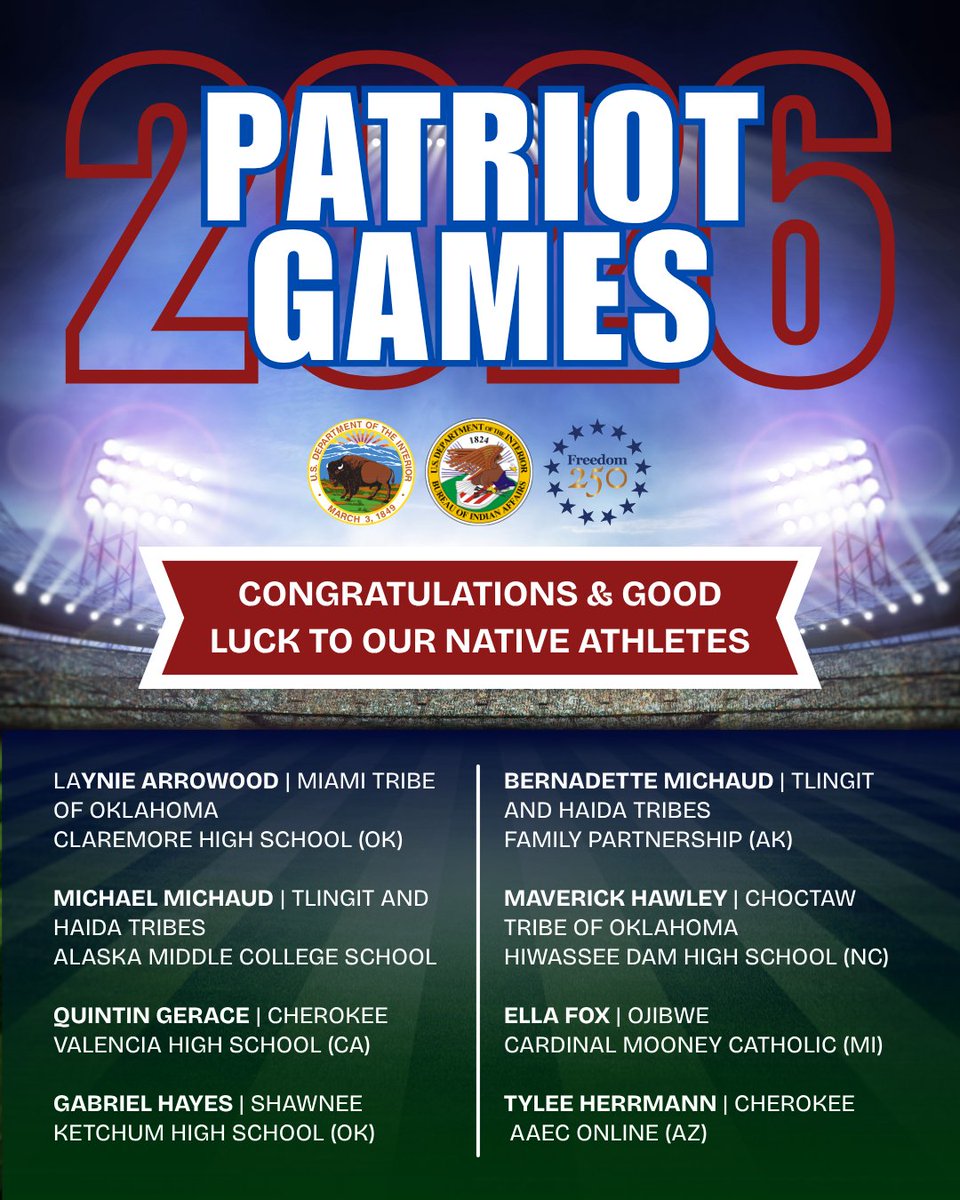 USIndianAffairs's tweet photo. 🏅 Indian Country is cheering you on!

Congratulations to the Native student-athletes selected to compete in the Patriot Games as part of @Freedom250. 

This is an incredible accomplishment and an opportunity to represent your communities, families and Native heritage on a national stage.

U.S. Indian Affairs is proud to support you. Good luck and go show them what Native excellence looks like! 💪🏽