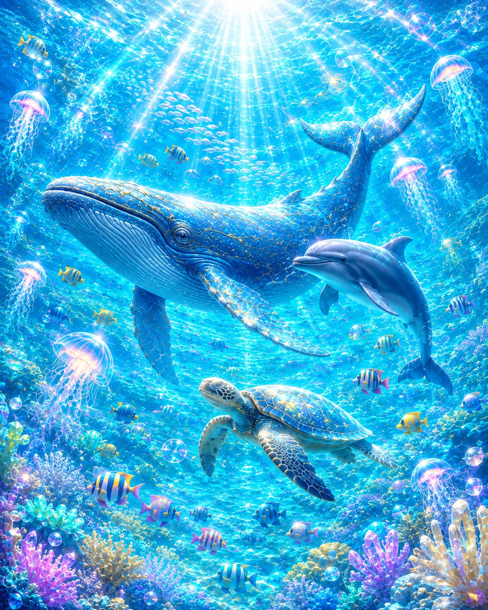 海の楽園🌊🩵 透き通る碧の世界をイルカが舞い、色鮮やかな熱帯魚が光
