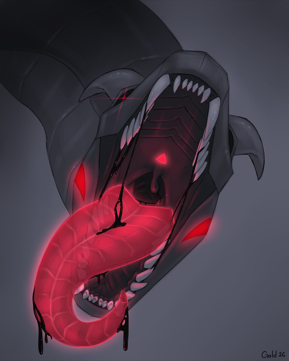DrgnGold's tweet photo. CW: vore / mawshot 

"Do you feel it? Stalking, hunting. A gaze in the dark, looking for the next prey to fall for those artificial jaws."  

Actual #voreday mawshot I managed to work on last minute. I also forgot to post it here 🫠 https://t.co/jOyphyptON