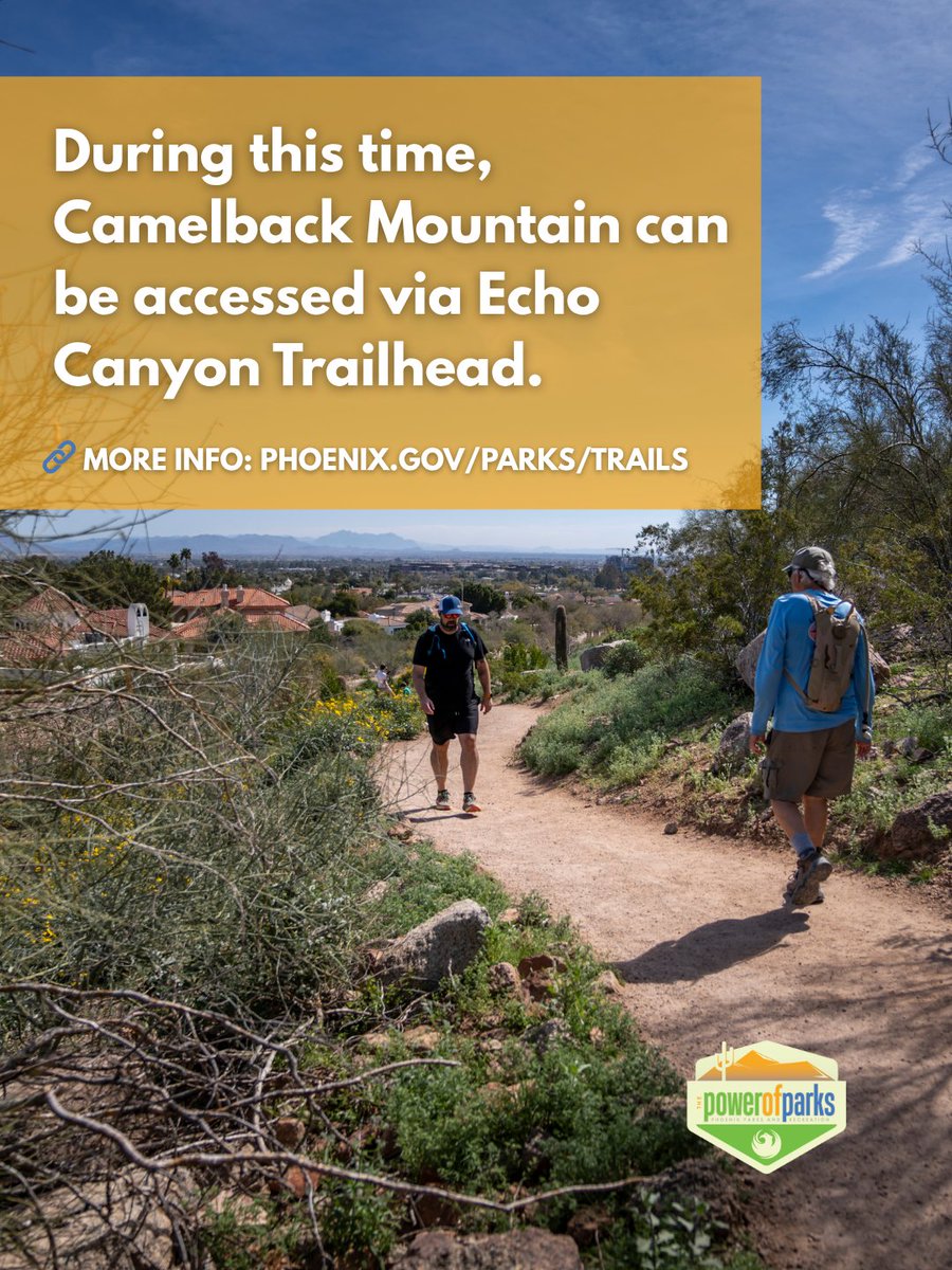 PhoenixParks's tweet photo. Construction Alert! 🚧 ⚠️ Cholla Trail at Camelback Mountain will be closed from 8/17-8/28 while @phxwater installs a new sewer line along Cholla Lane. In the meantime, you can still access Camelback Mountain via Echo Canyon Trailhead! More info: https://t.co/BVin0UYjqj 🔗 https://t.co/WvHQZYGtKd