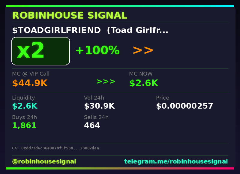robhousesignal's tweet photo. π¨ $TOADGIRLFRIEND (Toad Girlfriend) x2
π MC: $2.6K | Liq: $2.6K
π΅ Vol 24h: $30.9K
π Buys/Sells: 1,861 / 464
π CA:
0xdd73d6c3640878f5f5384434def67bad23802daa
π€ Full scan + chart β link in bio
#ToadGirlfriend #robinhousesignal #degen #robinhood #moonshot https://t.co/0QCOKHRkxu