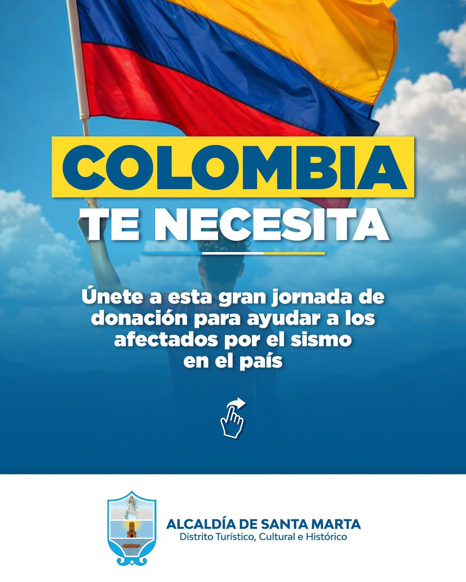 CarlosPinedoC's tweet photo. Lo que vive nuestro país nos duele y no podemos ser indiferentes. Como Alcalde y como colombiano, los invito a unirnos para apoyar a las familias afectadas por el sismo de hoy.

Donemos alimentos no perecederos, agua, ropa en buen estado, colchonetas, cobijas, elementos de aseo, medicamentos e insumos básicos.

📍 Punto de acopio: Oficina de la OGRICC, Calle 16#14A-08, segundo piso, barrio El Cundí.
🕣 8:30 a. m. a 5:30 p. m.

Mi gente, hoy más que nunca, Santa Marta está con Colombia.