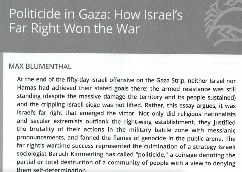 MalaveAManuel's tweet photo. Blumenthal, M. (2014). Politicide in Gaza: How Israel's Far Right Won the War. Journal of Palestine Studies, 44(1), 14-28. https://t.co/tB8CrSXaMY