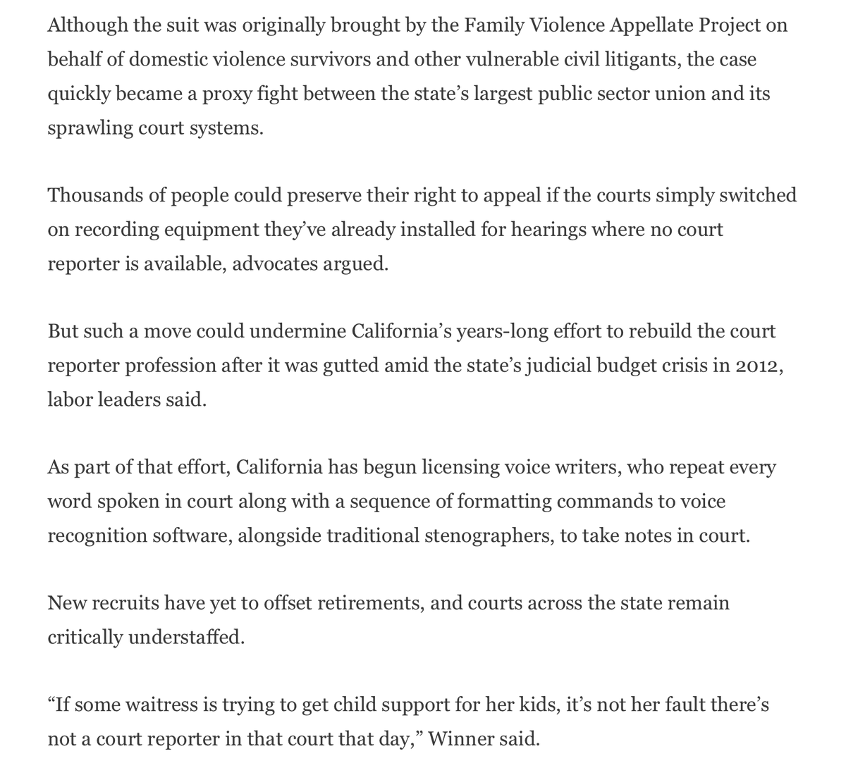 RichardHanania's tweet photo. Another instance of unions being awful.

California has a shortage of court reporters, which means some civil litigants end up with no official transcript of what happened in court. This makes appeals much harder, meaning people can lose custody of their kids, etc

A group representing victims of domestic violence and other vulnerable litigants filed a lawsuit to let courts take audio recordings.

The court reporters’ union worked to stop this, because they demand more hiring.

The unions would rather no record being kept than let a machine do the work. 

Remember, kids. Unions are parasites. They exist to harm other people for their own ends. 

Everything California wants to do is like this. Government is supposed to work for the people, not for the government employees themselves. 

The California Supreme Court did the right thing in this case. But countless attempts to make government function better face a bitter struggle thanks to unions.