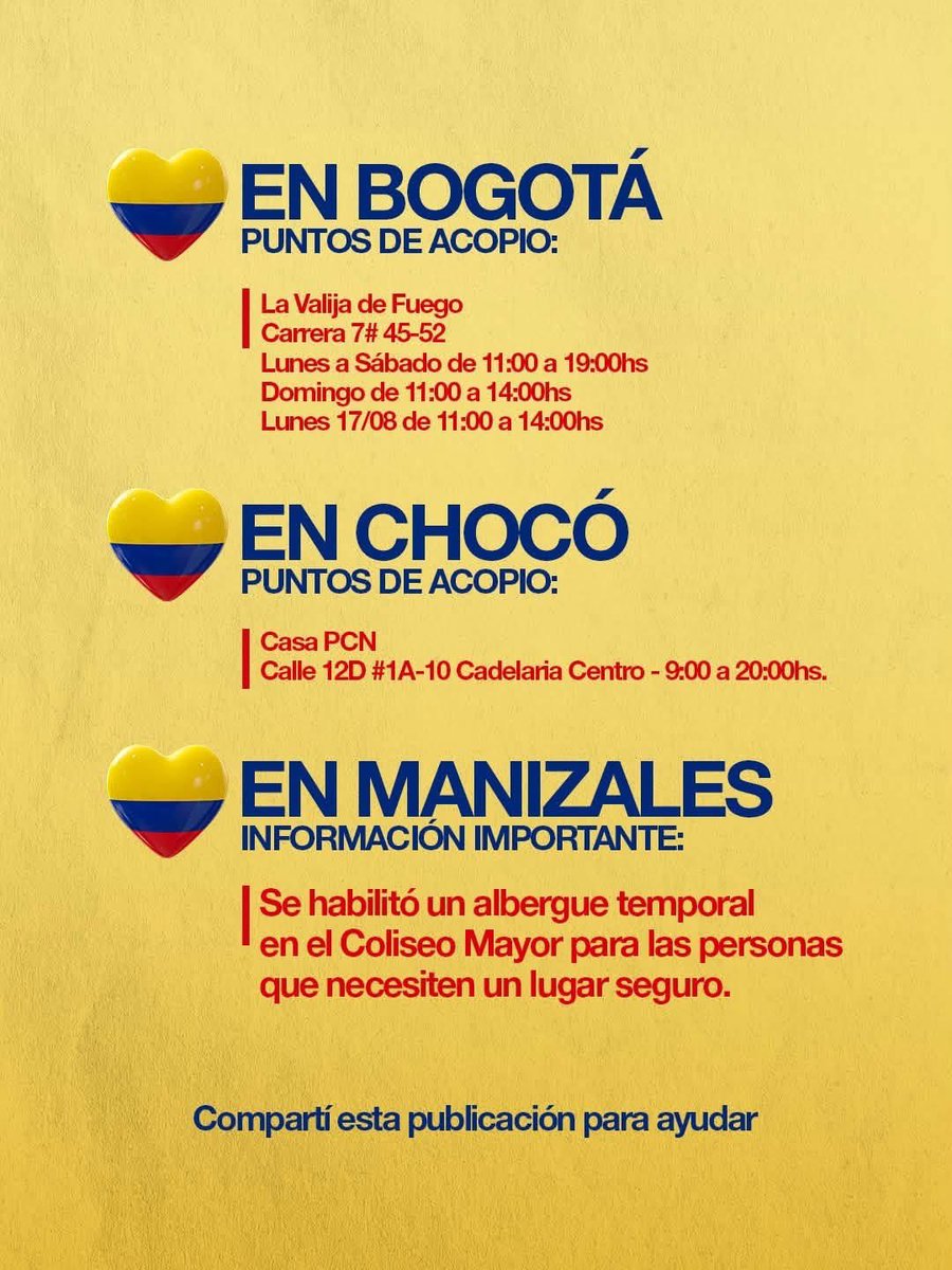 LOSCALIGARIS's tweet photo. 🫶🏻 AYUDEMOS A COLOMBIA 🇨🇴

Queremos compartir con vos esta info sobre los Puntos de Acopio y donde podés ayudar donando alimentos no perecederos, vestimenta, medicamentos, etc.

Compartí esta publicación para que entre todos podamos ayudar 🙌🏼 https://t.co/vo95oGGFLB