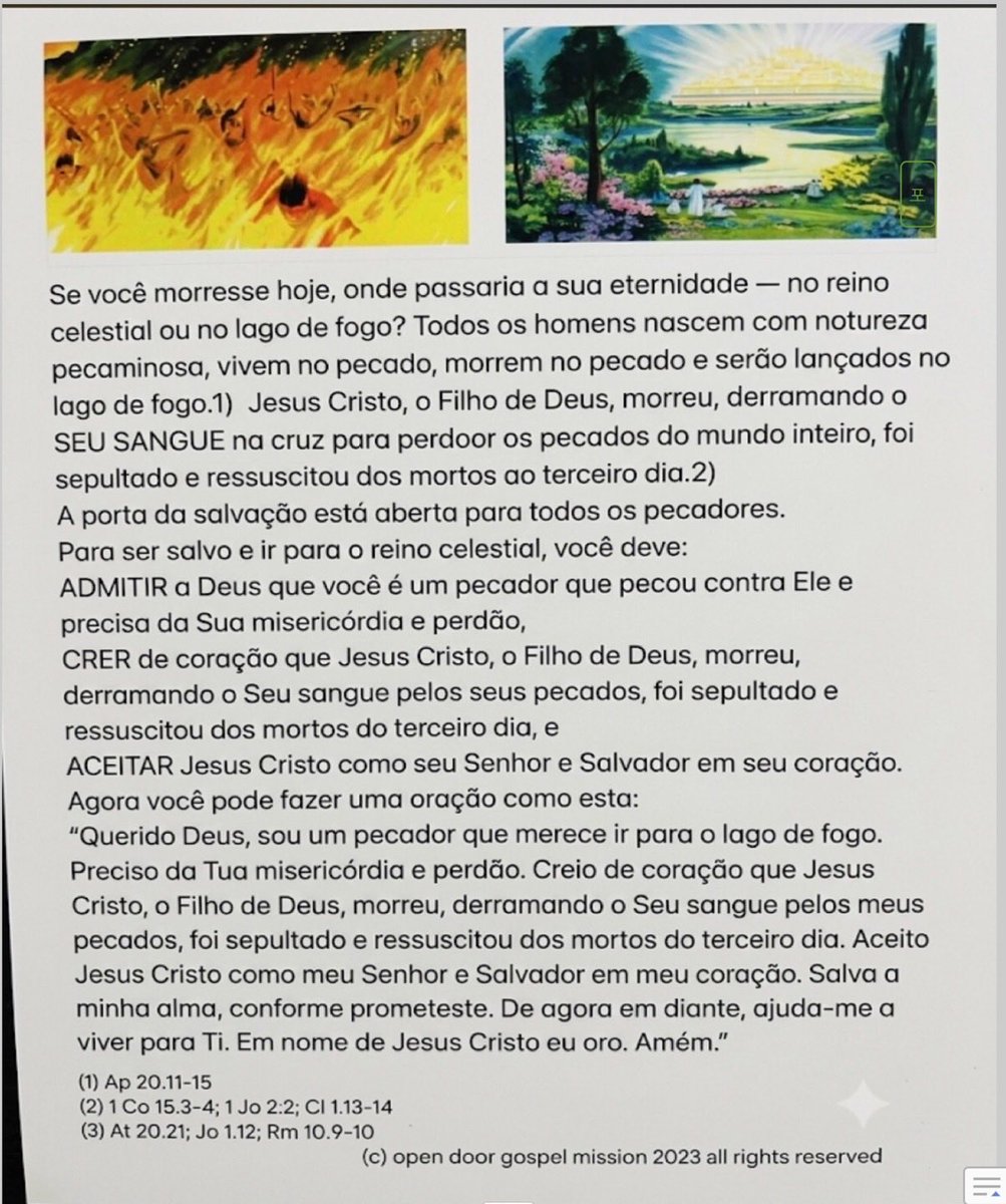 danieljung6107's tweet photo. Eu amo todos vocês, e aqui está o motivo! Não há nada mais importante do que isso na vida! 
Todos morrem — jovens ou idosos — mais cedo ou mais tarde. A morte não é o fim da jornada da vida; é a porta de entrada para a eternidade. Onde você passará a sua eternidade após a morte é uma questão verdadeiramente importante. No Céu com Deus ou no Lago de Fogo? Você está pronto para ir para o Céu? Apenas aqueles que receberam o DOM DA SALVAÇÃO DE DEUS podem entrar no Céu. 
Por favor, reserve um tempo para ler esta mensagem do evangelho com atenção e ser salvo. Depois disso, envie esta foto do folheto evangelístico para qualquer pessoa querida que ainda não foi salva e que vive sem saber o que acontecerá após a morte, para que elas também possam se voltar para o Senhor Jesus e ser salvas. Elas não podem ir para o LAGO DE FOGO! Esta pode ser a sua última chance. O nosso tempo na Terra está chegando ao fim...